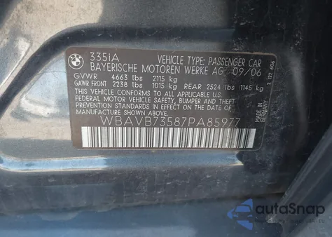 2007 BMW 335I из США, поврежденный, VIN WBAVB73587PA85977